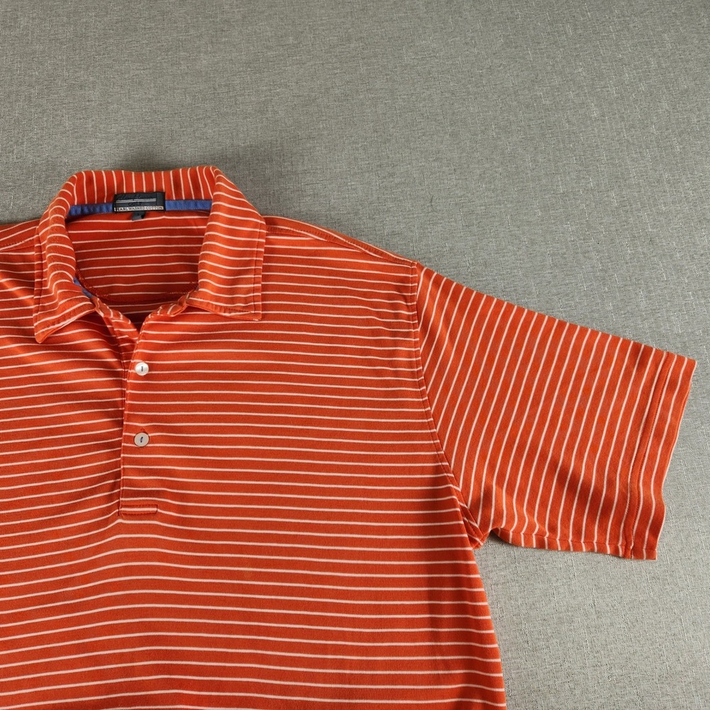 Alan Flusser Golf  Polo Mens Large Orange White Striped Pearl Washed Cotton EUC